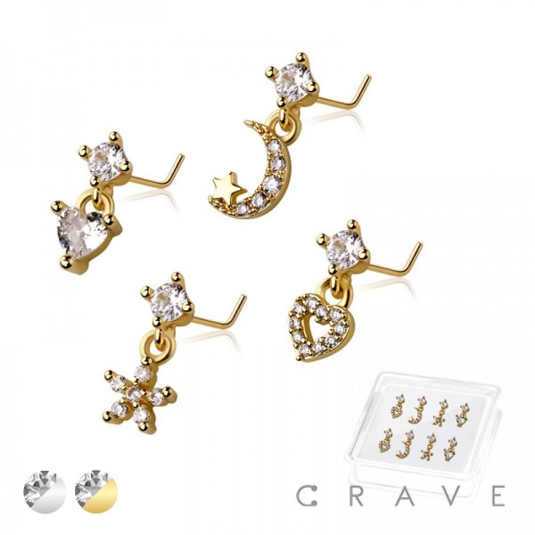 8PCS OF ASSORTED CZ DANGLE 316L SURGICAL STEEL L-SHAPE NOSE STUD BOX
